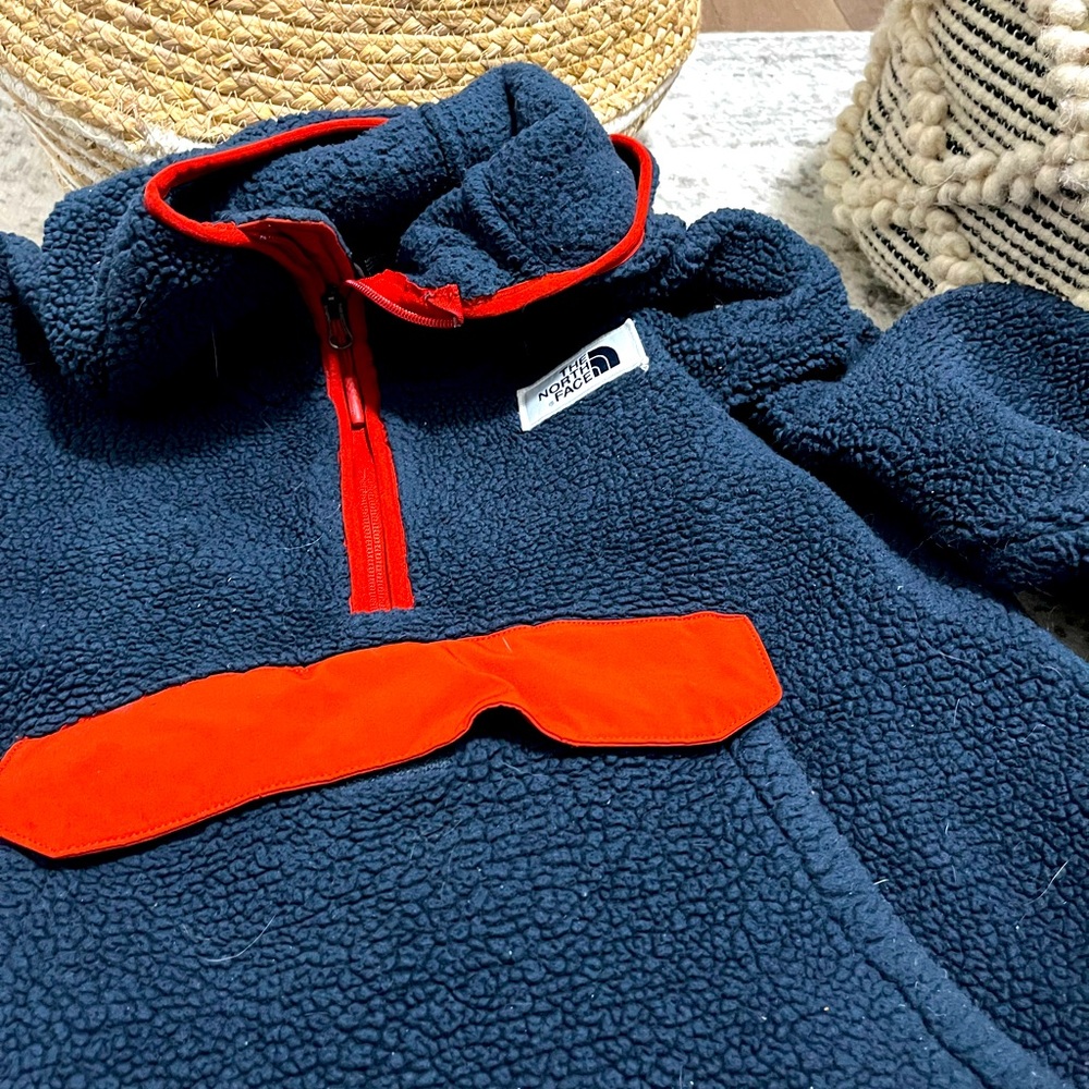 navy and red sherpa fuzzy comfy fleece pullover hoodie with pocket